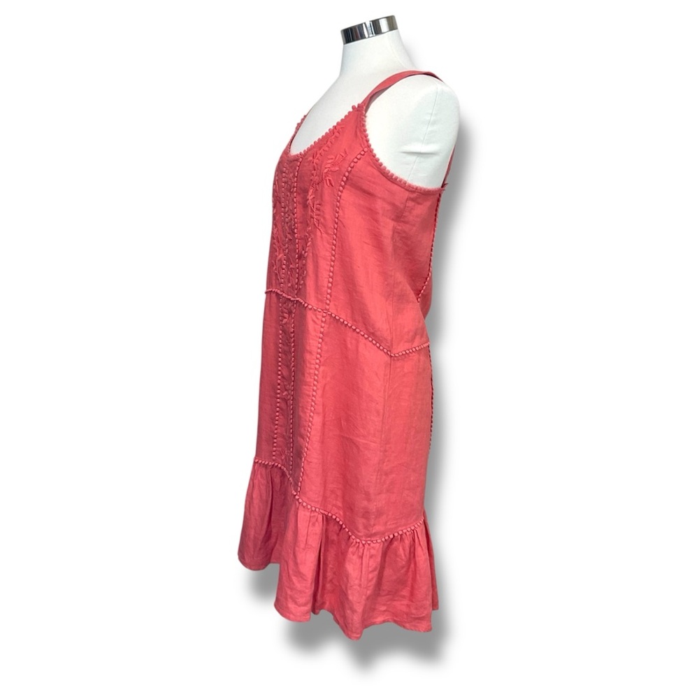 Magaschoni Coral Linen Embroidered Ruffle Hem Sun Dress - Picture 2 of 5